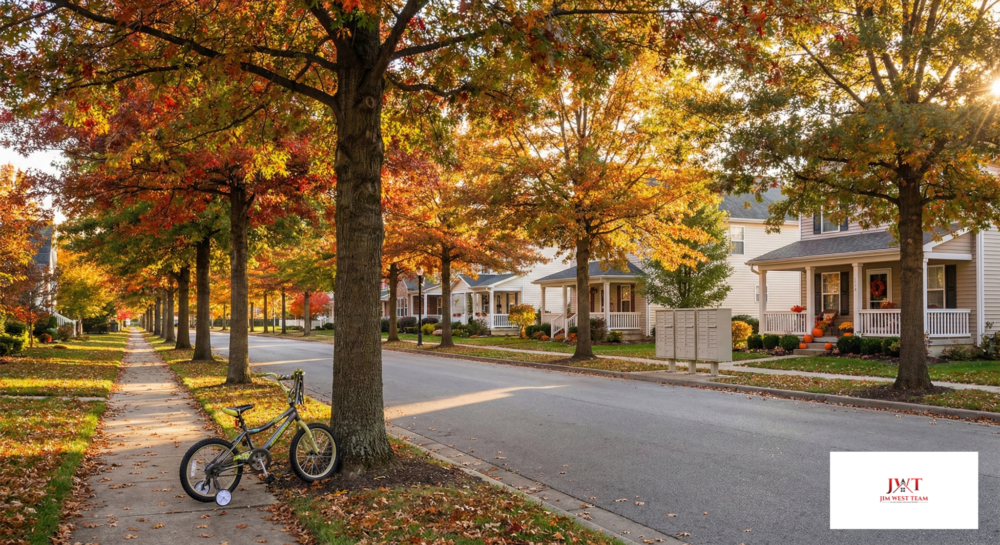 Tree-lined Marysville Ohio neighborhood street with children's bike showing family-friendly community with sidewalks and fall foliage