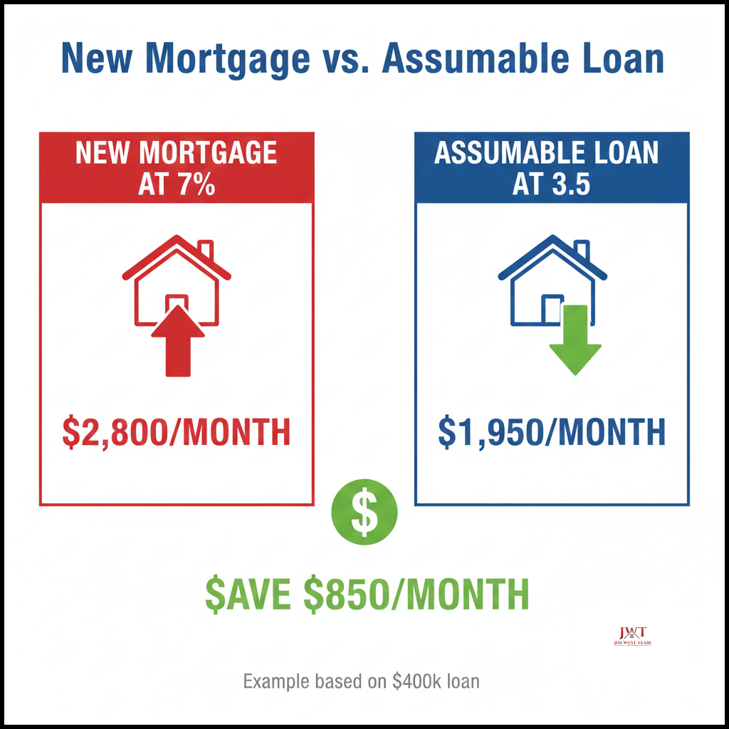 Assumable mortgage comparison showing $850 per month savings between 7% new mortgage and 3.5% assumable loan on $400k home in Marysville Ohio