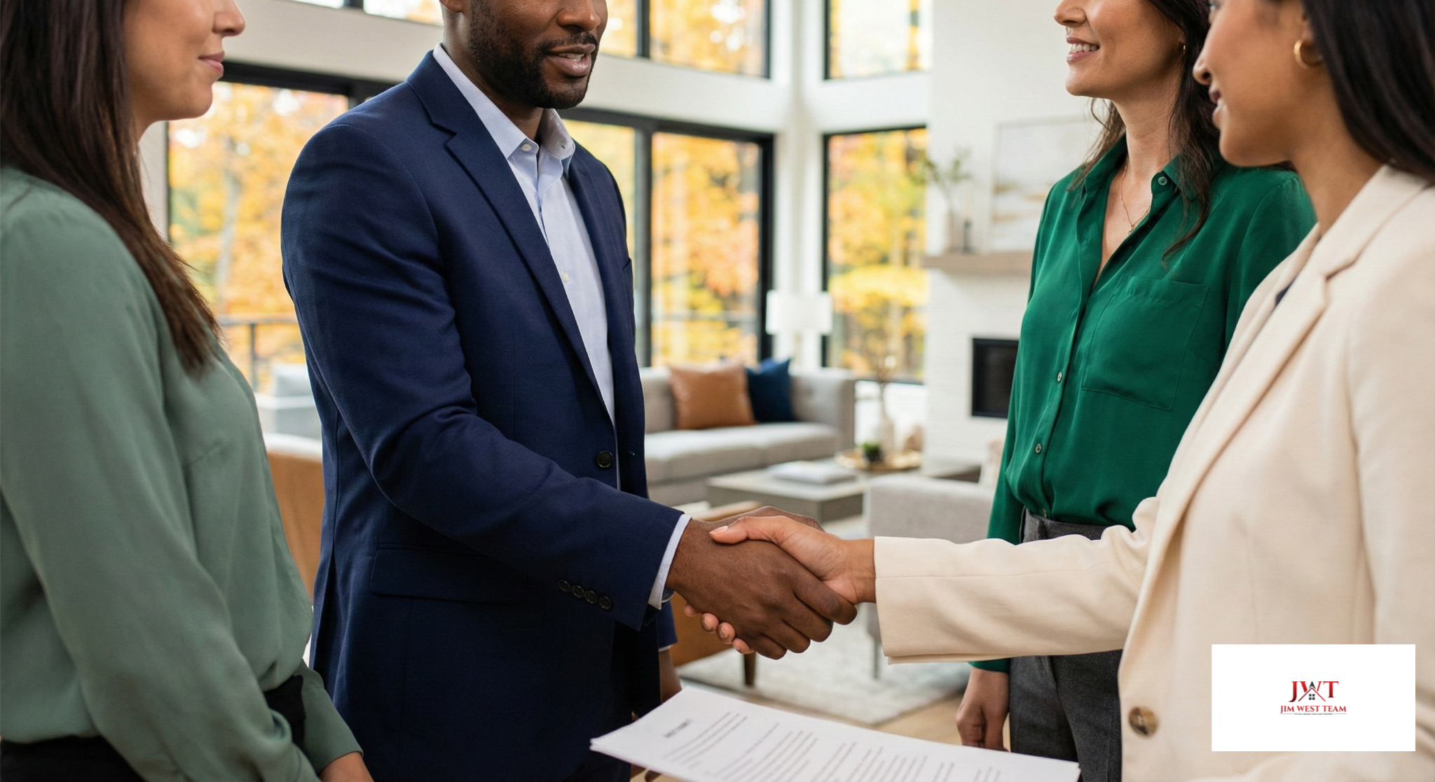 Real estate agent and home buyers shaking hands in modern Marysville Ohio home celebrating successful real estate transaction