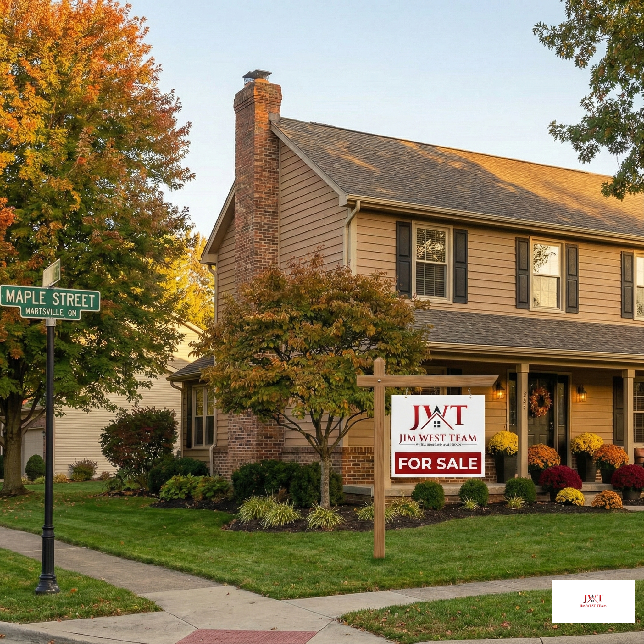 Two-story traditional home in Marysville Ohio with brick accents, black shutters, fall mums, and autumn landscaping on tree-lined street