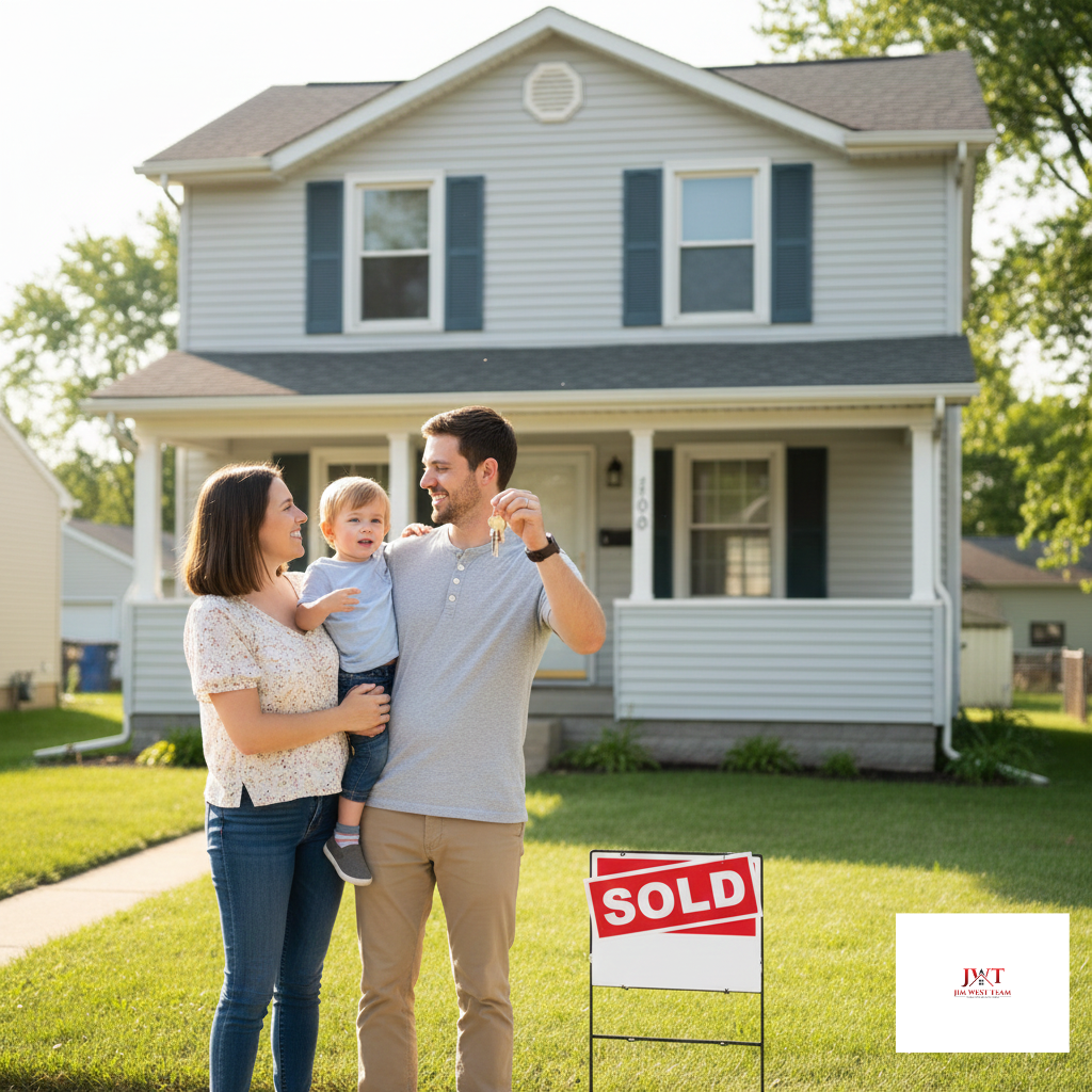 First-time homebuyers in front of affordable Mill Valley home in Marysville Ohio