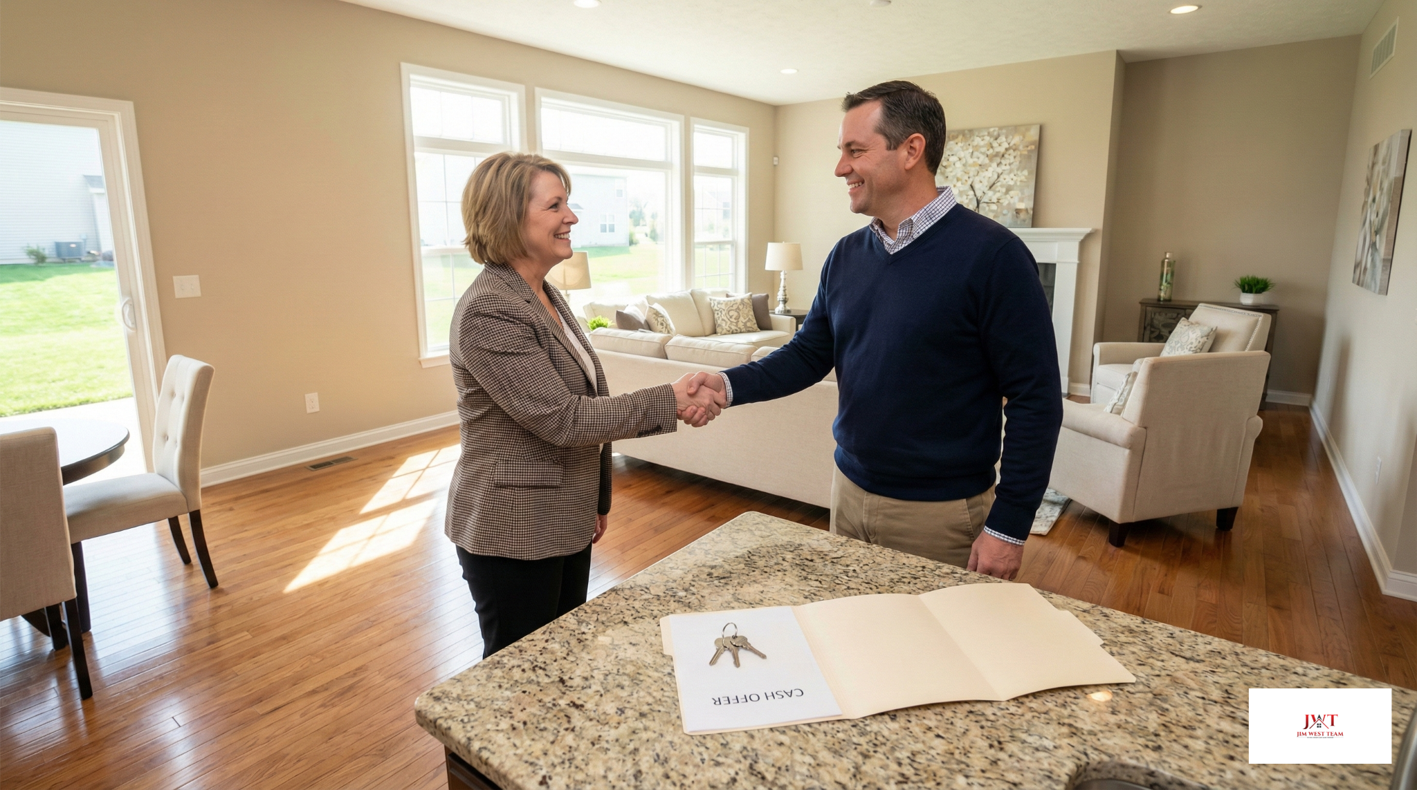 Homeowner shaking hands with cash buyer in modern Marysville Ohio home