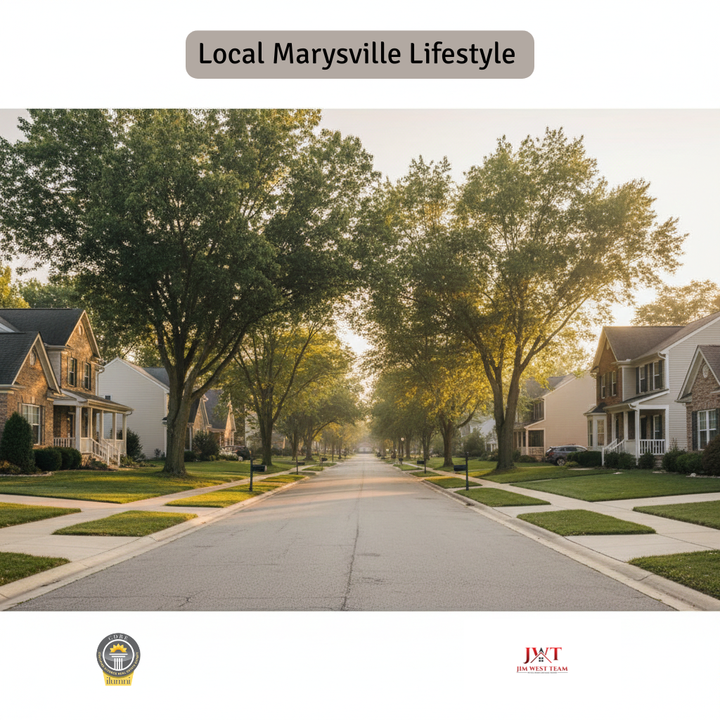 Aerial view of a suburban neighborhood in Marysville Ohio during fall, highlighting community homes and local real estate