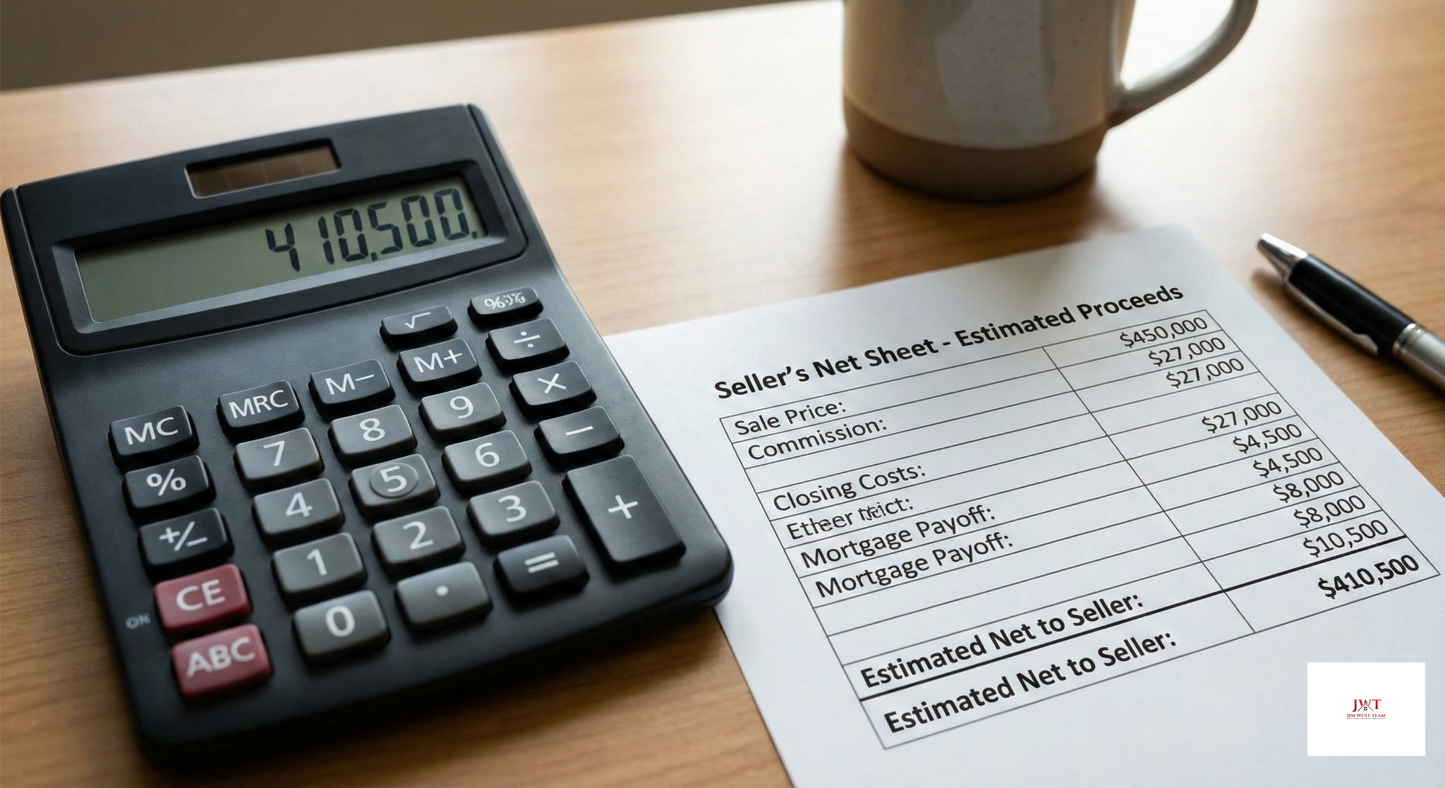 Calculator and home seller net sheet showing closing costs and proceeds