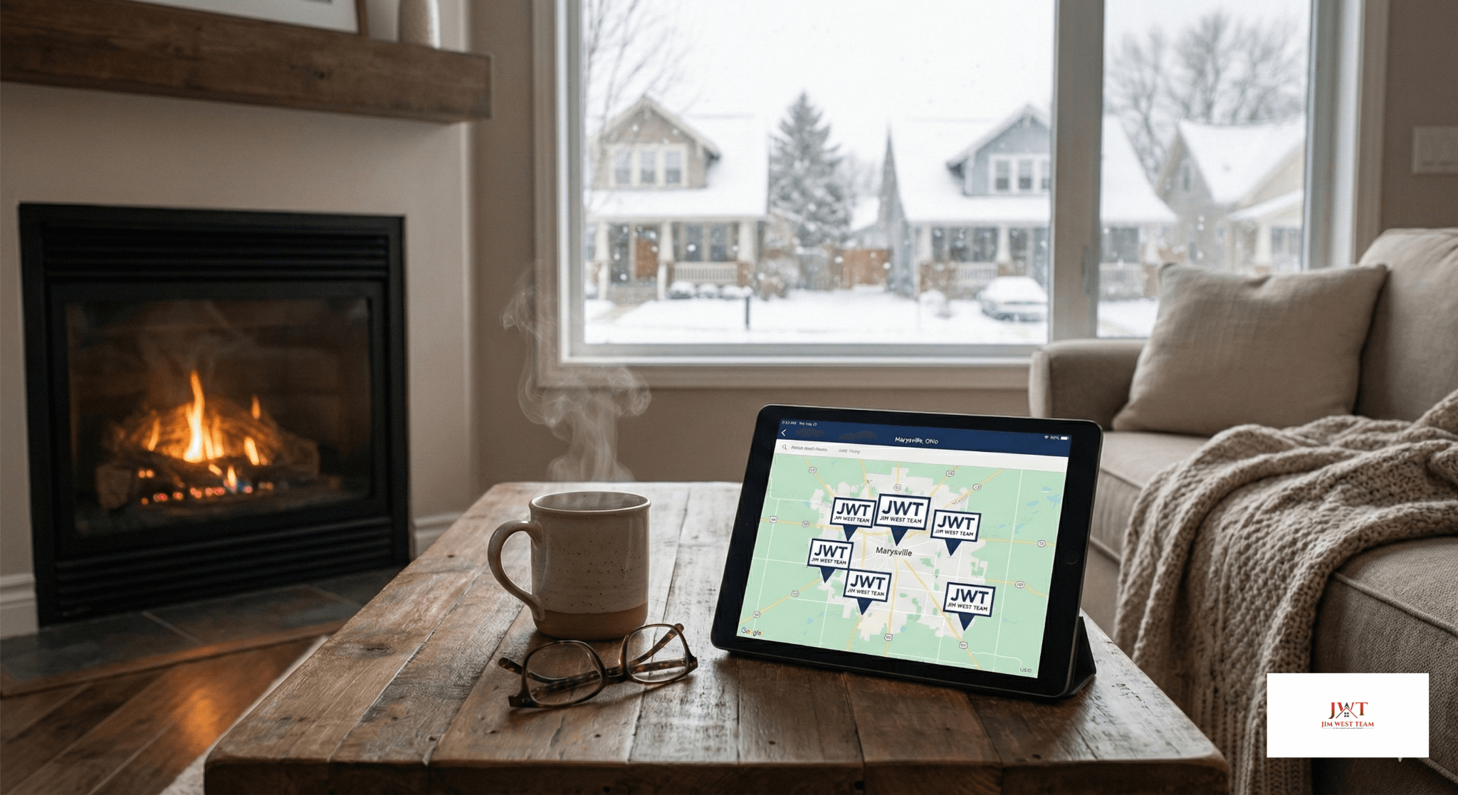 Tablet displaying a map of Marysville real estate listings on a coffee table in a cozy living room during winter