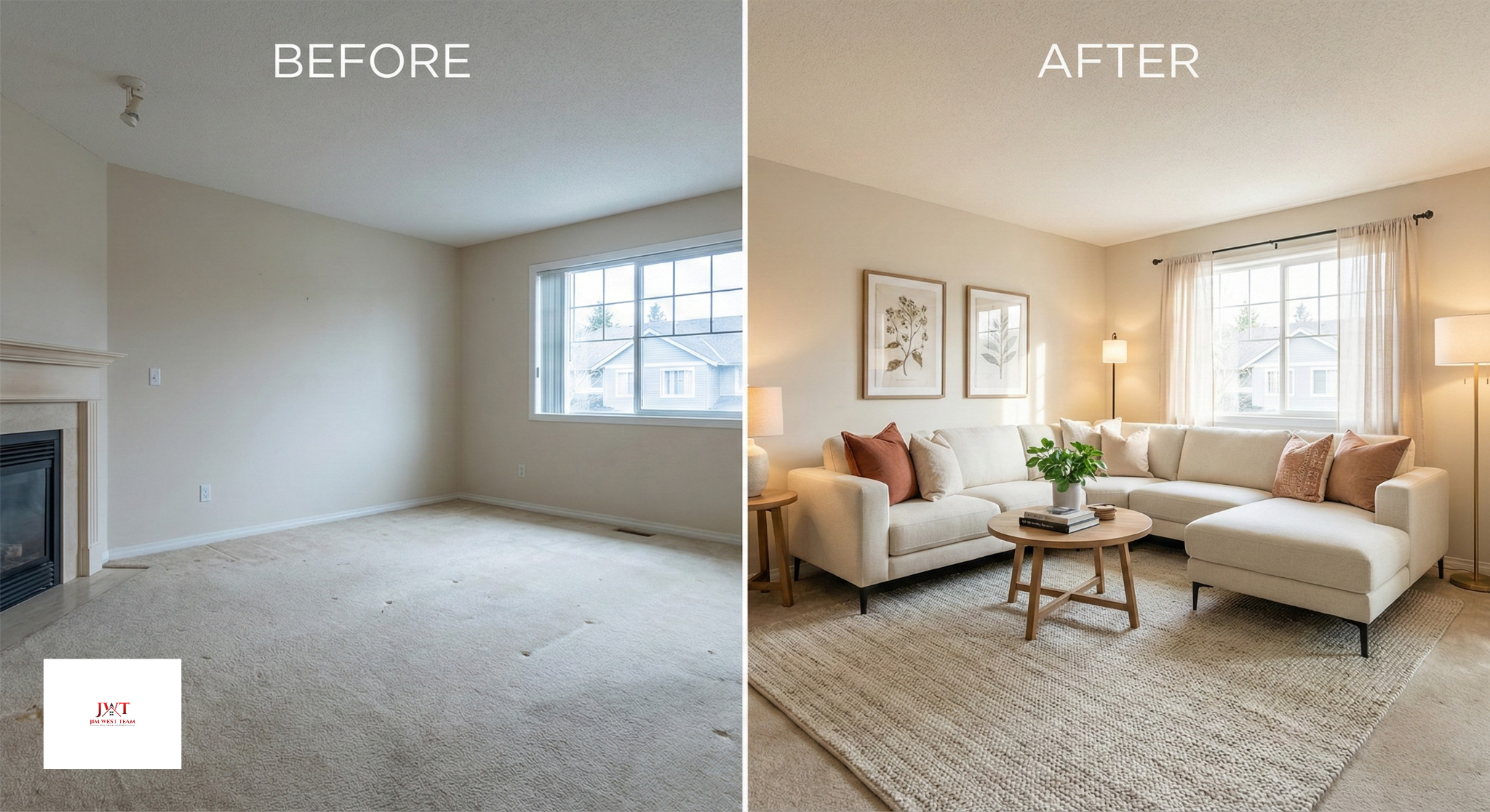 Before and after example of professional home staging in a Marysville living room showing the value of decluttering and lighting