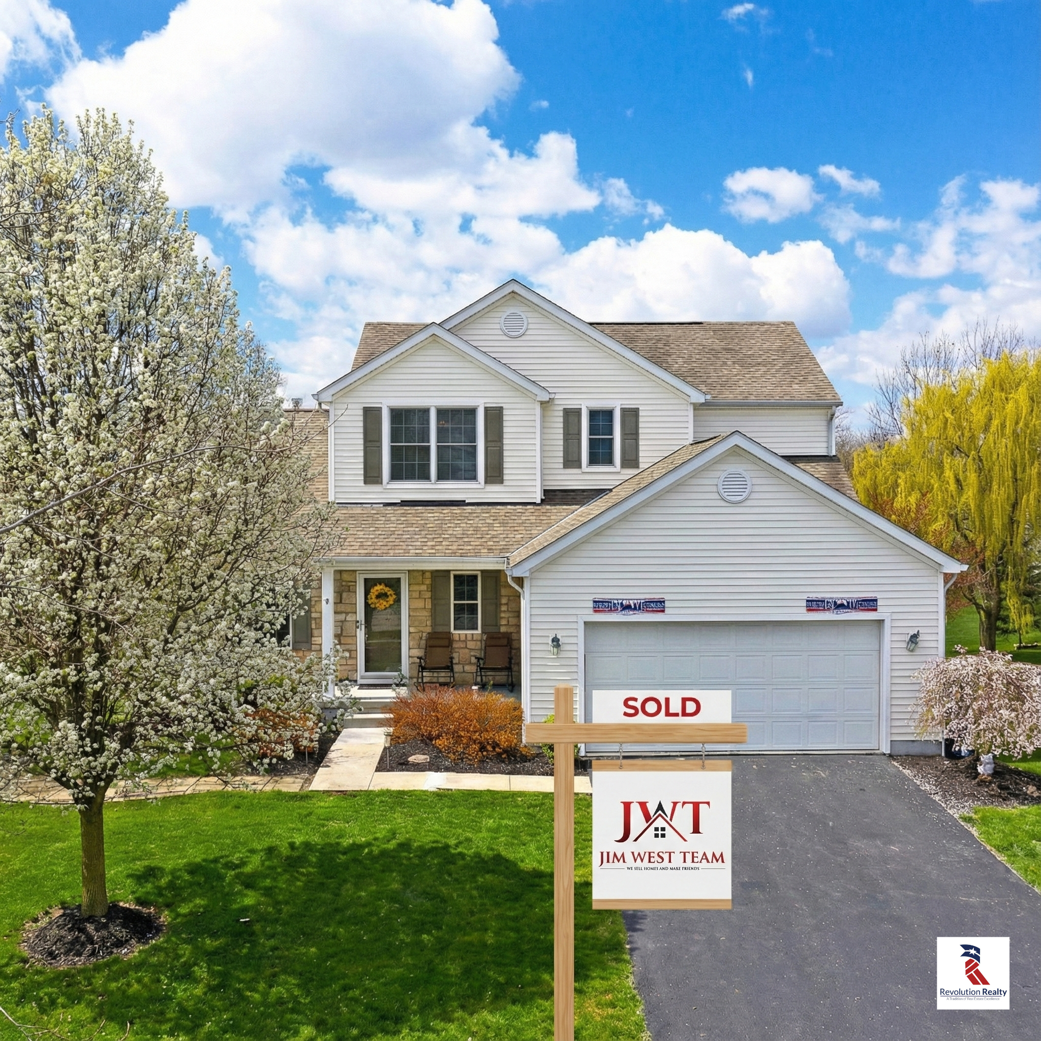 Sold home in Marysville Ohio with Jim West Team sign and beautiful spring landscaping