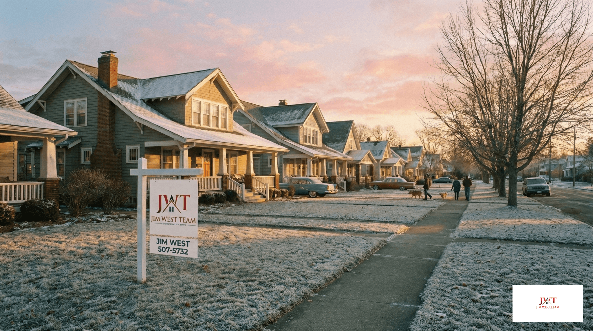 Snow-covered suburban street in Marysville, Ohio with a Jim West Team for sale sign during winter