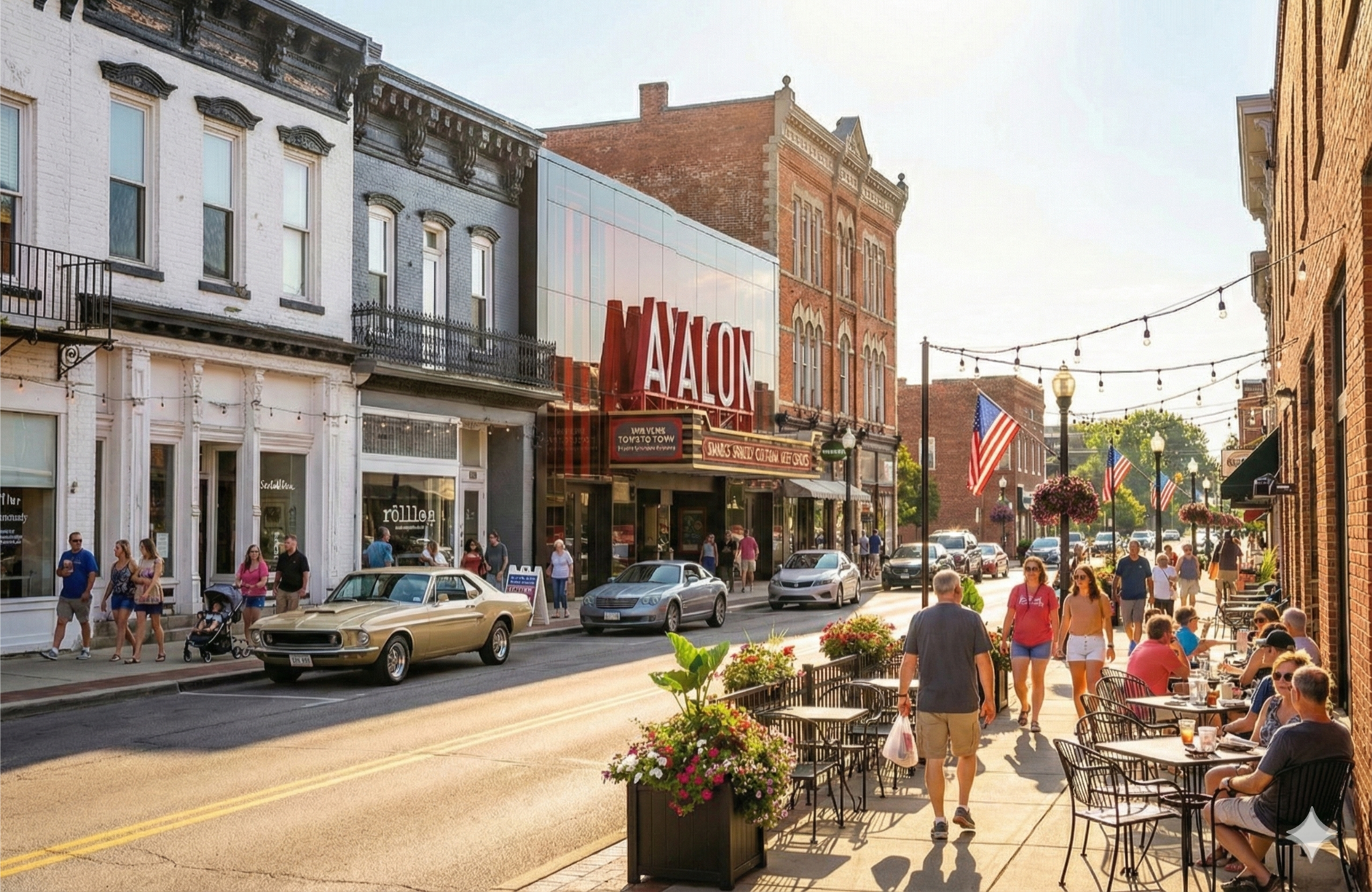 Historic downtown Marysville Ohio main street with Avalon theater and community atmosphere