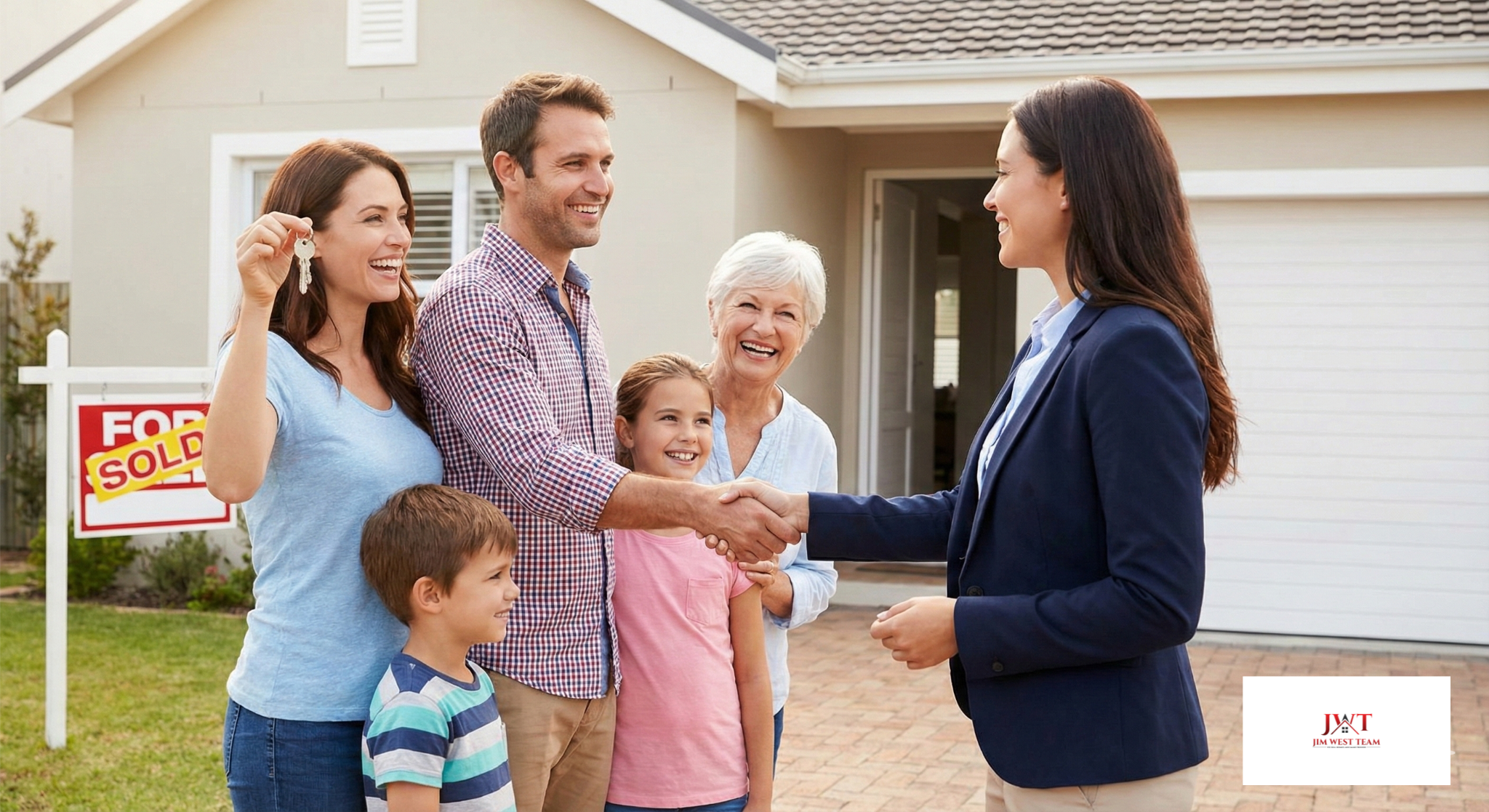 Happy family receiving keys from Jim West Team real estate agent after successful home sale in Marysville