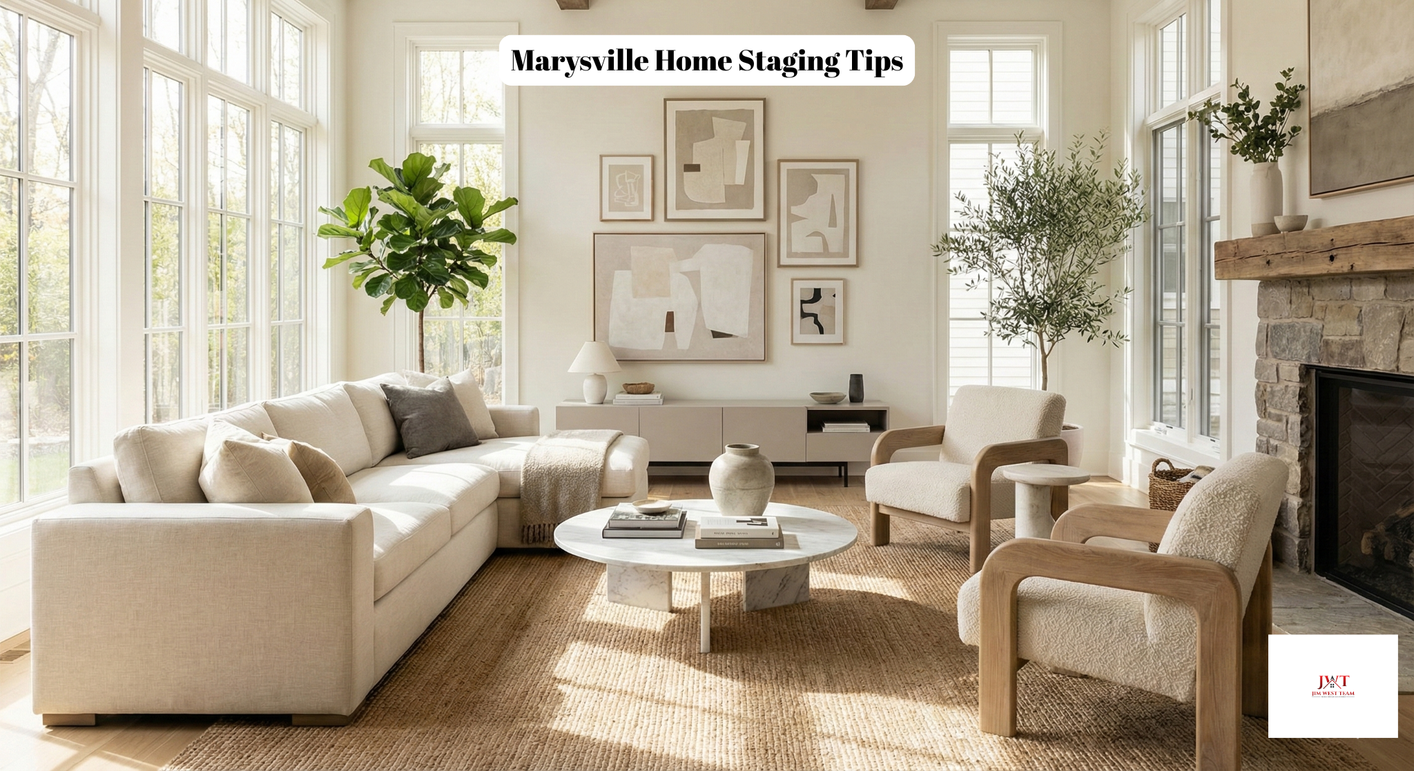Professionally staged living room in Marysville home with natural light and neutral decor