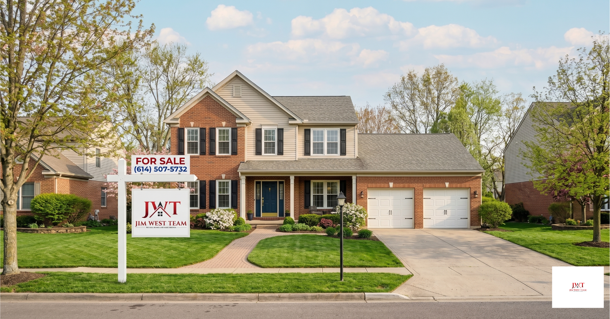 Jim West Team For Sale sign in front of Marysville Ohio home spring 2026 — call (614) 507-5732