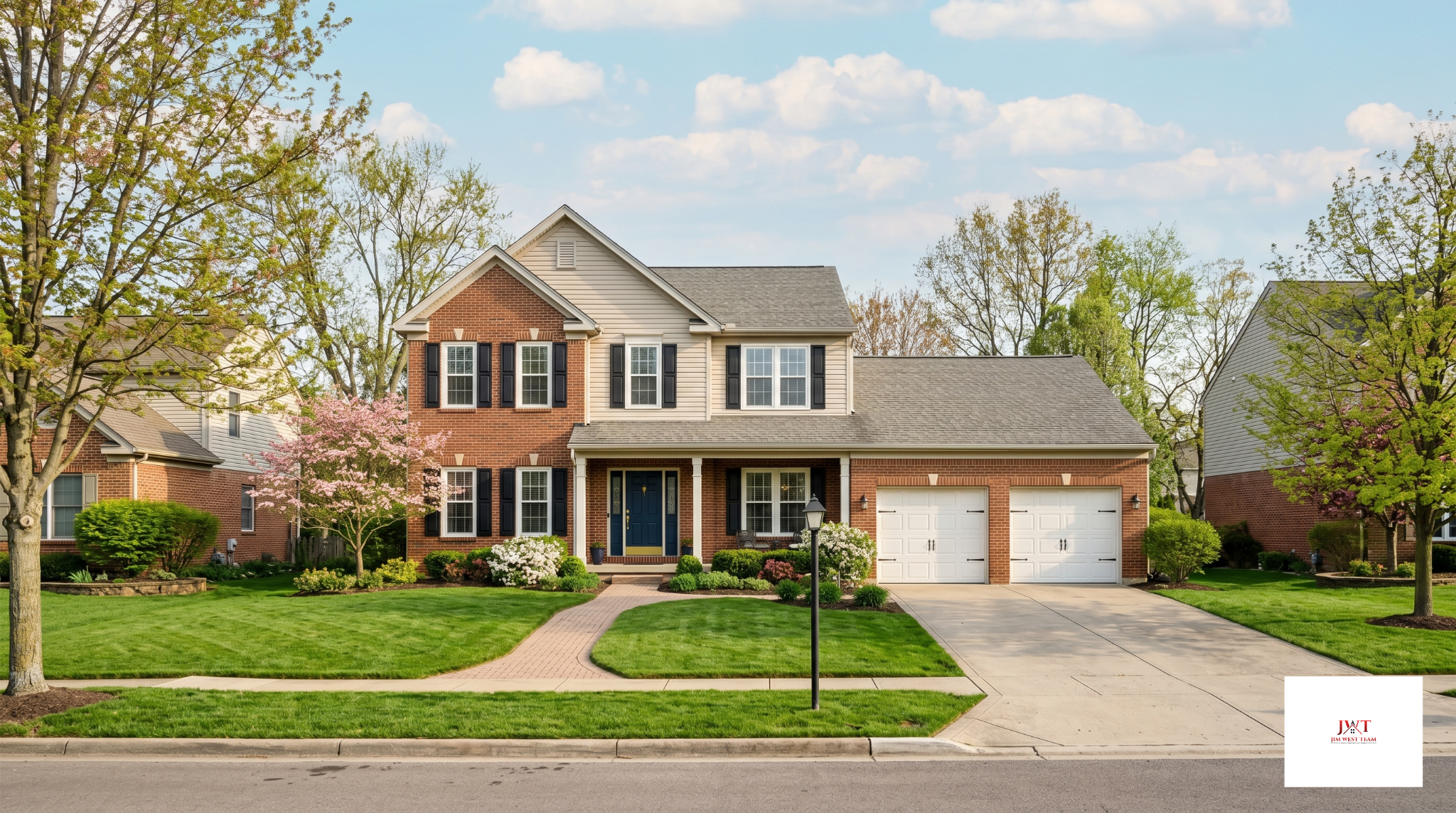 Marysville Ohio homes for sale spring 2026 — two-story colonial brick home with spring landscaping in Union County