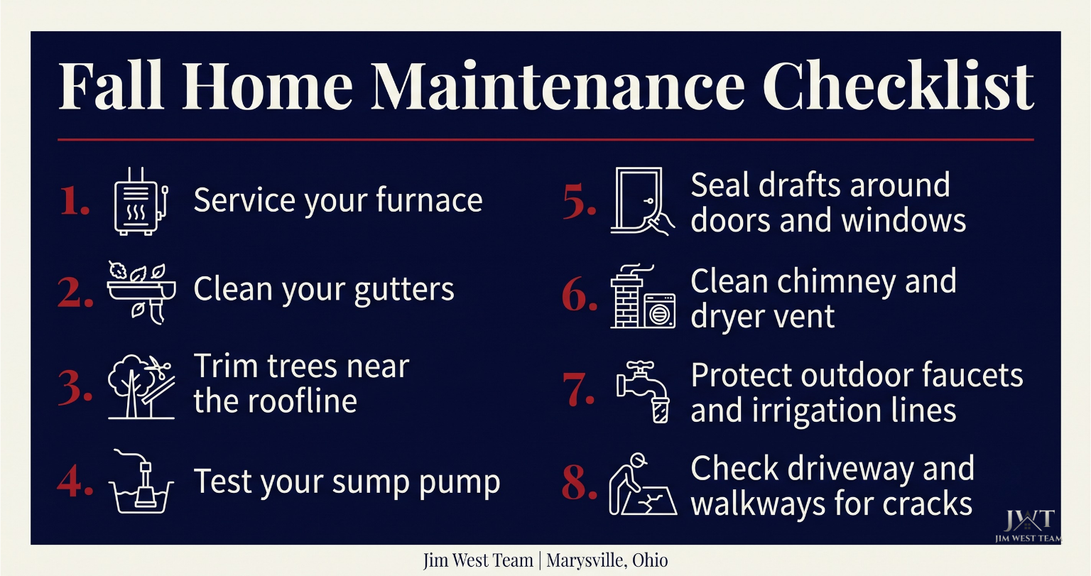 Checklist graphic of eight fall home maintenance tasks for Ohio homeowners: furnace, gutters, roof, sump pump, weatherstripping, chimney, outdoor faucets, and driveway