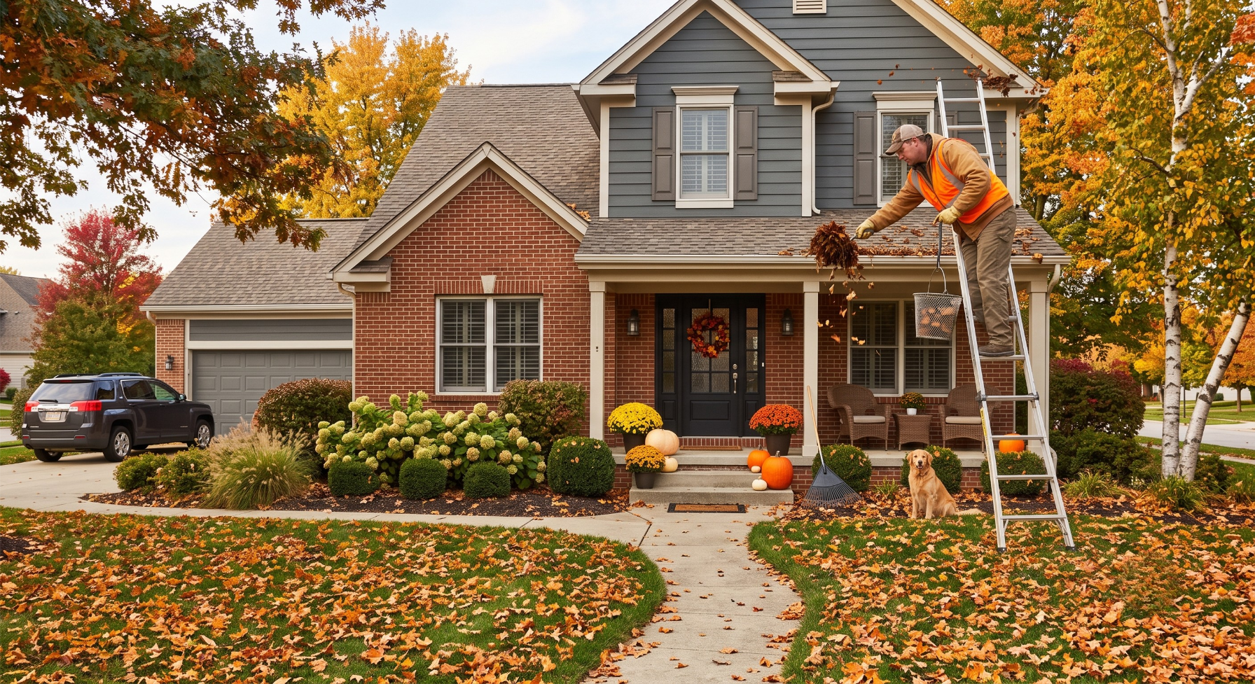 Cleaning gutters on a Marysville, Ohio home ahead of fall leaf drop