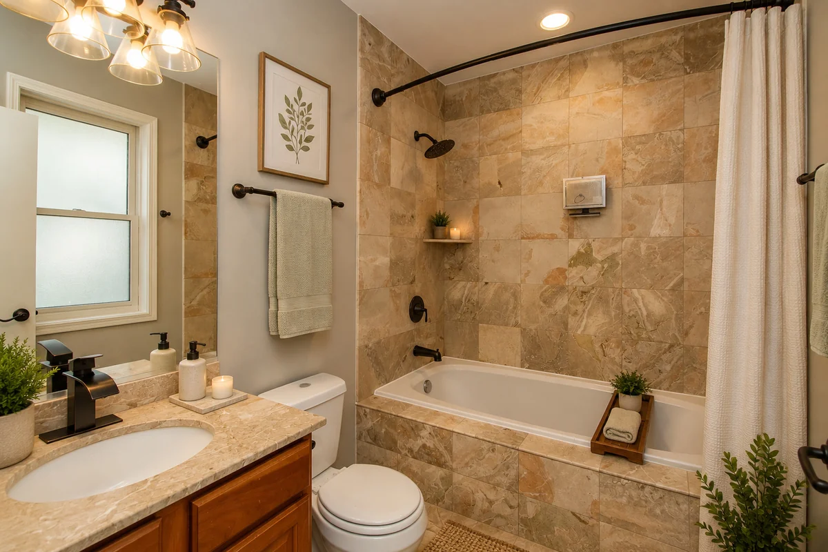 Full bathroom with a tiled soaking tub, shower curtain and wood vanity at 905 W Lawrence Ave