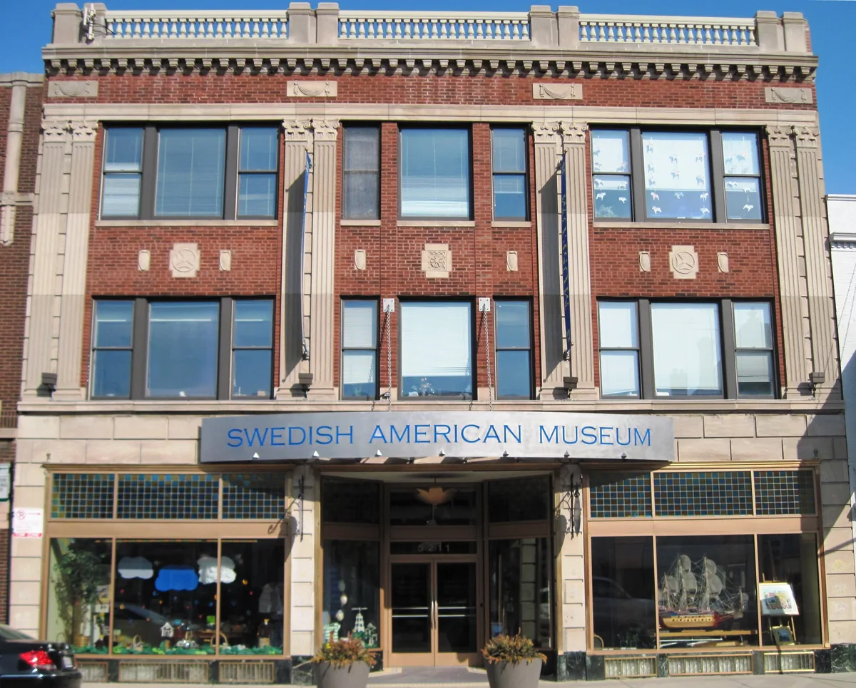 Brick facade of the Swedish American Museum at 5211 N Clark St in Andersonville, Chicago