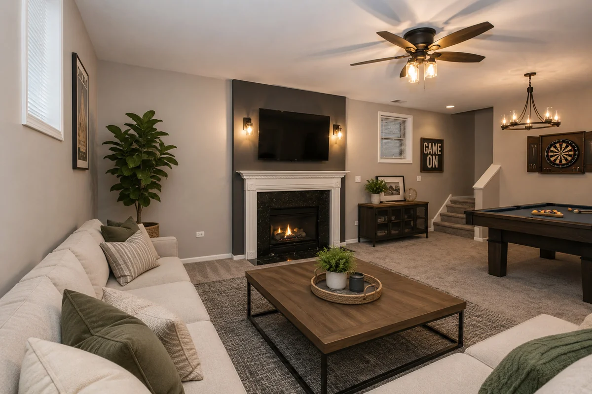 Lower-level family room with a second wood-burning fireplace at 905 W Lawrence Ave, virtually staged