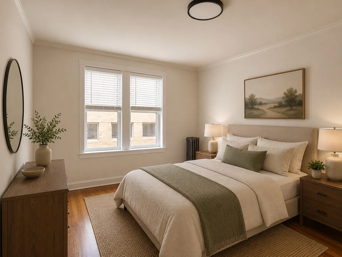 Bright bedroom with hardwood floors and two windows, shown virtually staged with a bed and nightstands