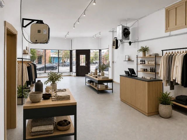 6600 N Clark St storefront shown virtually staged as a retail shop with clothing racks, shelves and a checkout counter