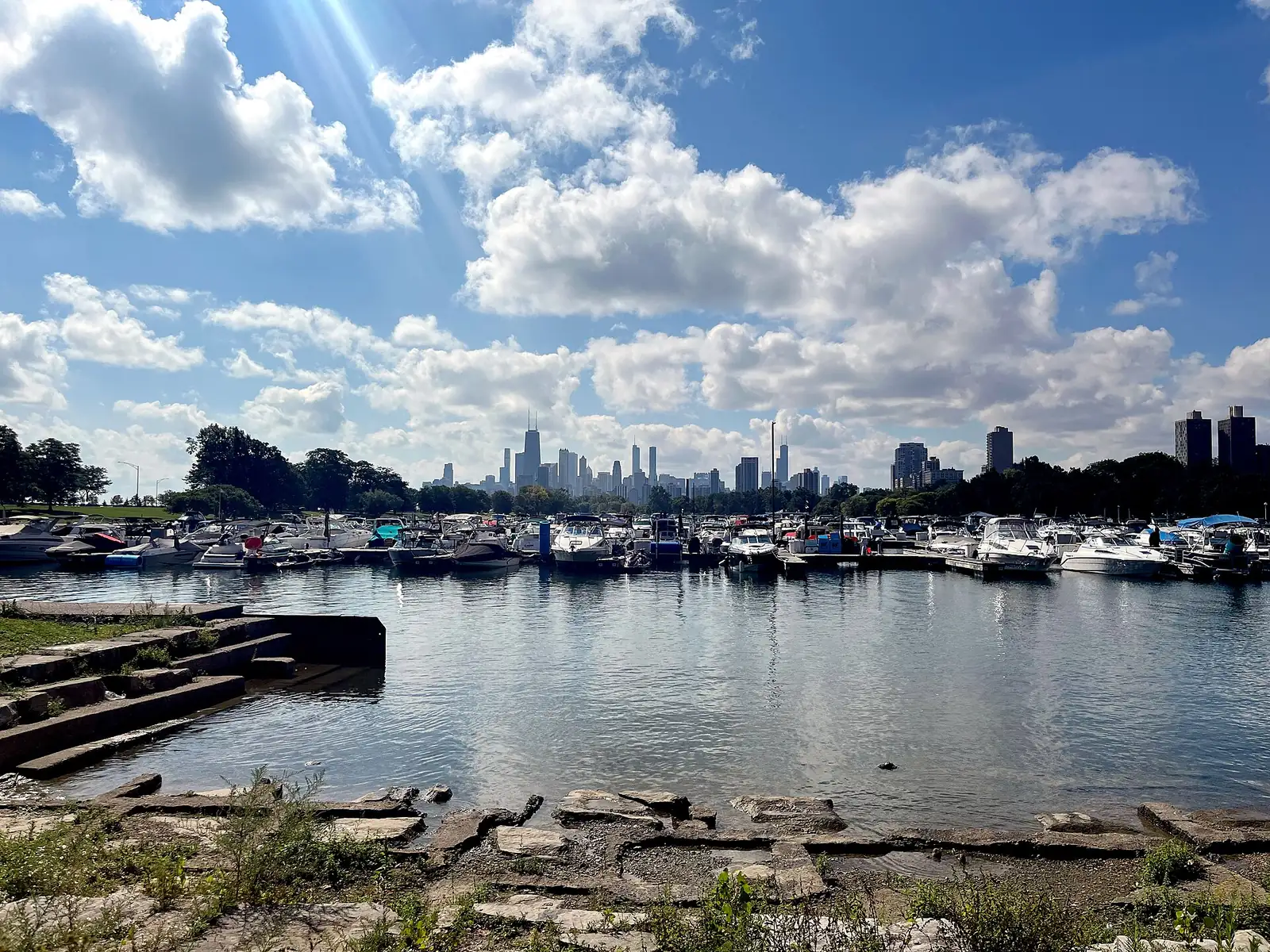 Boats in Belmont Harbor with the Chicago skyline in the distance, on the lakefront edge of East Lakeview