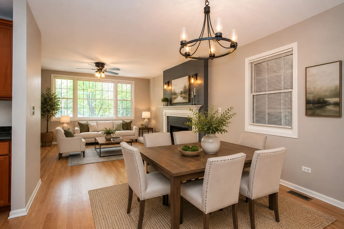 Open living and dining room with hardwood floors and a fireplace in an Uptown Chicago 3-bedroom rental, virtually staged