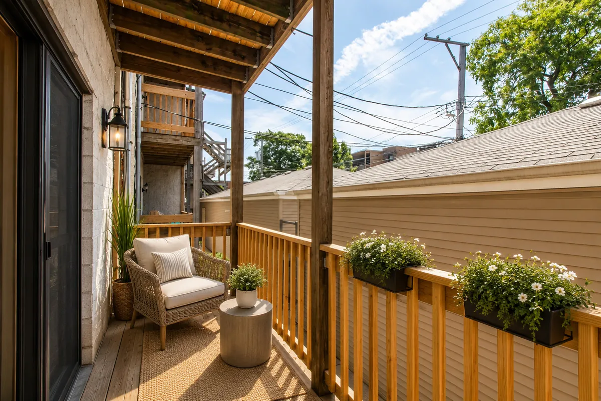 Narrow wood deck off the main level of 905 W Lawrence Ave #1E, shown virtually staged with a chair and planters