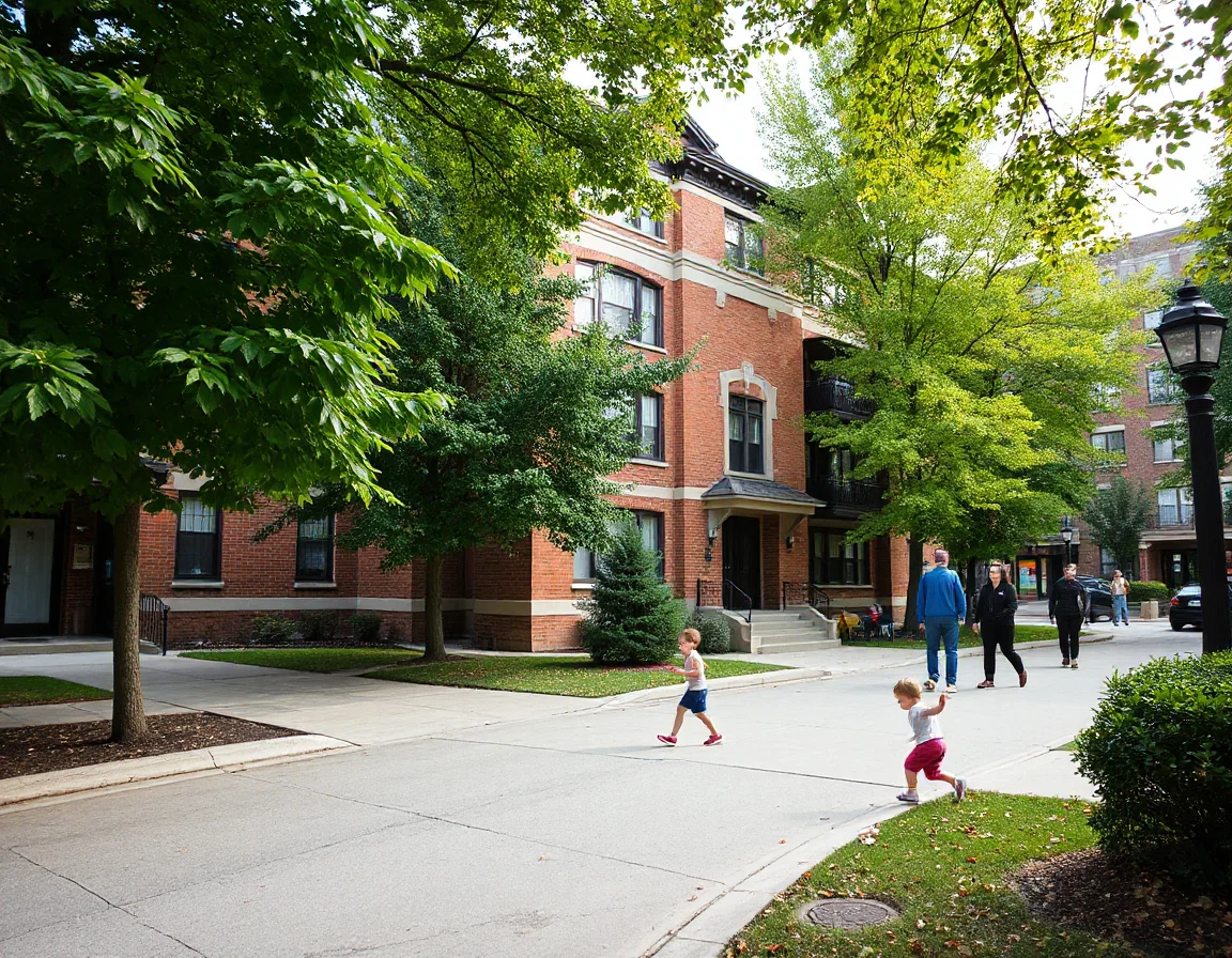 Brick condominium building along a tree-lined Old Town street
