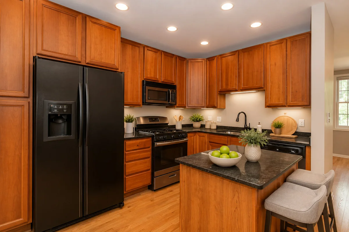 Kitchen with wood cabinets, granite counters, a center island and black appliances at 905 W Lawrence Ave