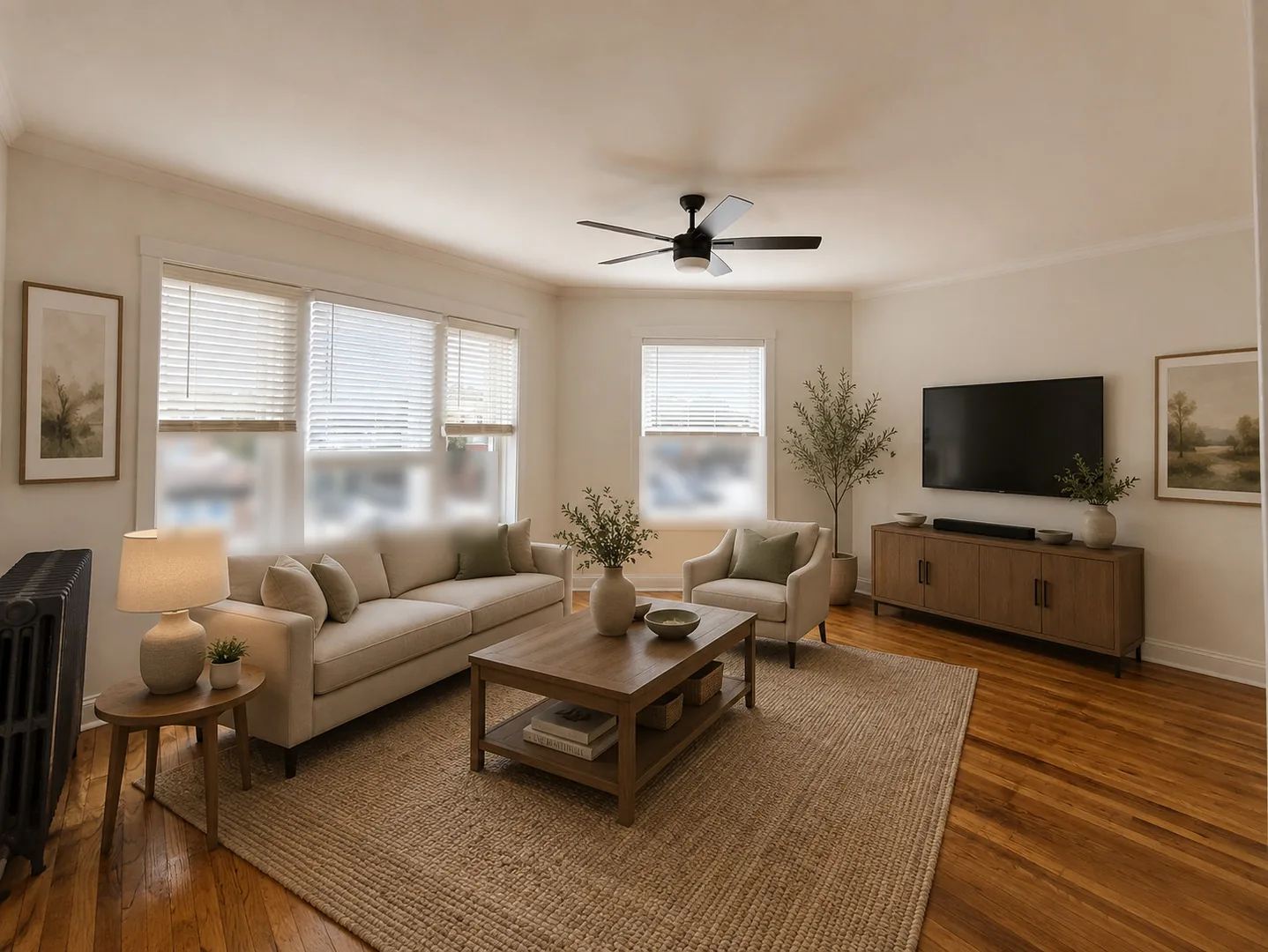 Living room with hardwood floors and large windows, shown virtually staged with a sofa, chairs and a TV console