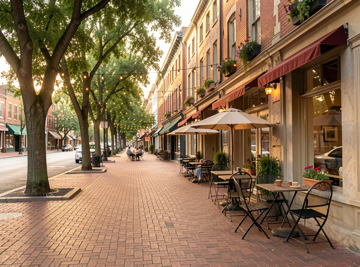 Historic Roswell streetscape with mature trees and charming storefronts