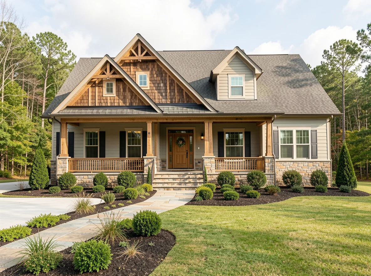 Mountain-style home exterior with porch and landscaped yard in Jefferson