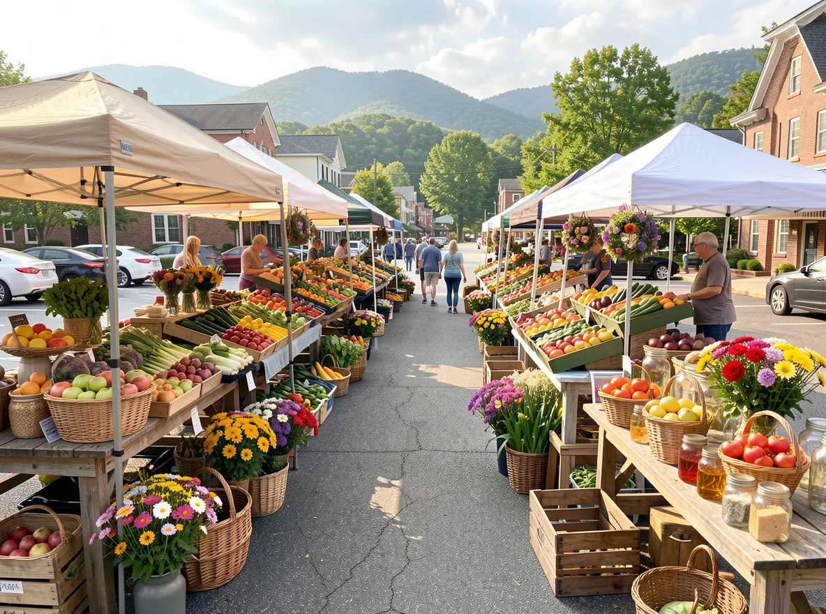 Outdoor community gathering with local produce and seasonal flowers in Jefferson