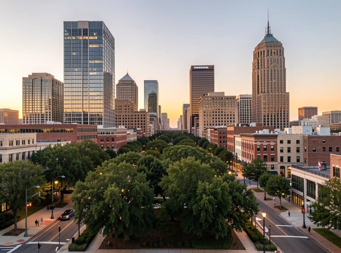 Atlanta skyline with tree canopy at golden hour