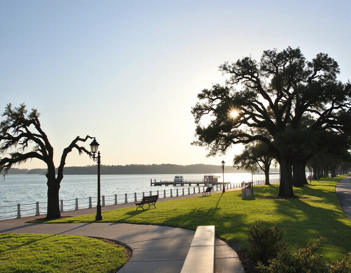 Lake Pontchartrain waterfront path beneath oak trees in Mandeville