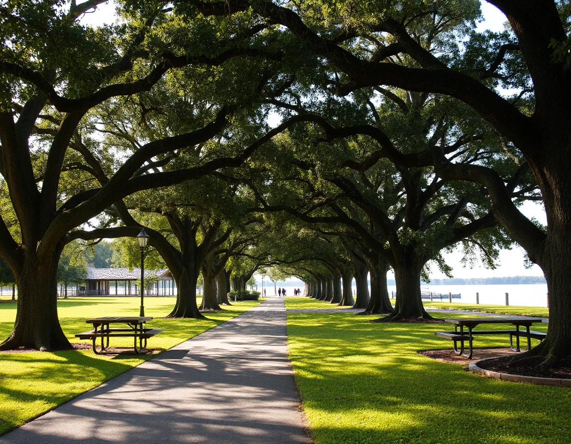 Shaded park path beneath oak trees in Mandeville