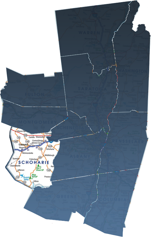 A map of Schoharie County, NY, isolated within the Capital Region real estate market.