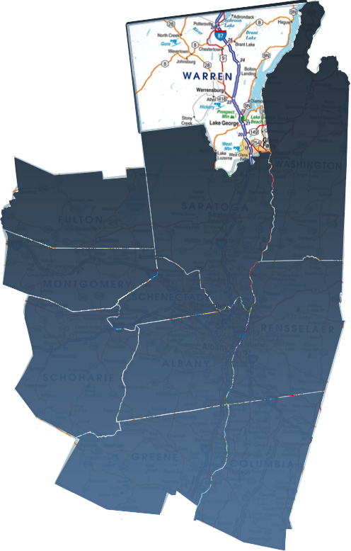 A map of Warren County, NY, isolated within the Capital Region real estate market.