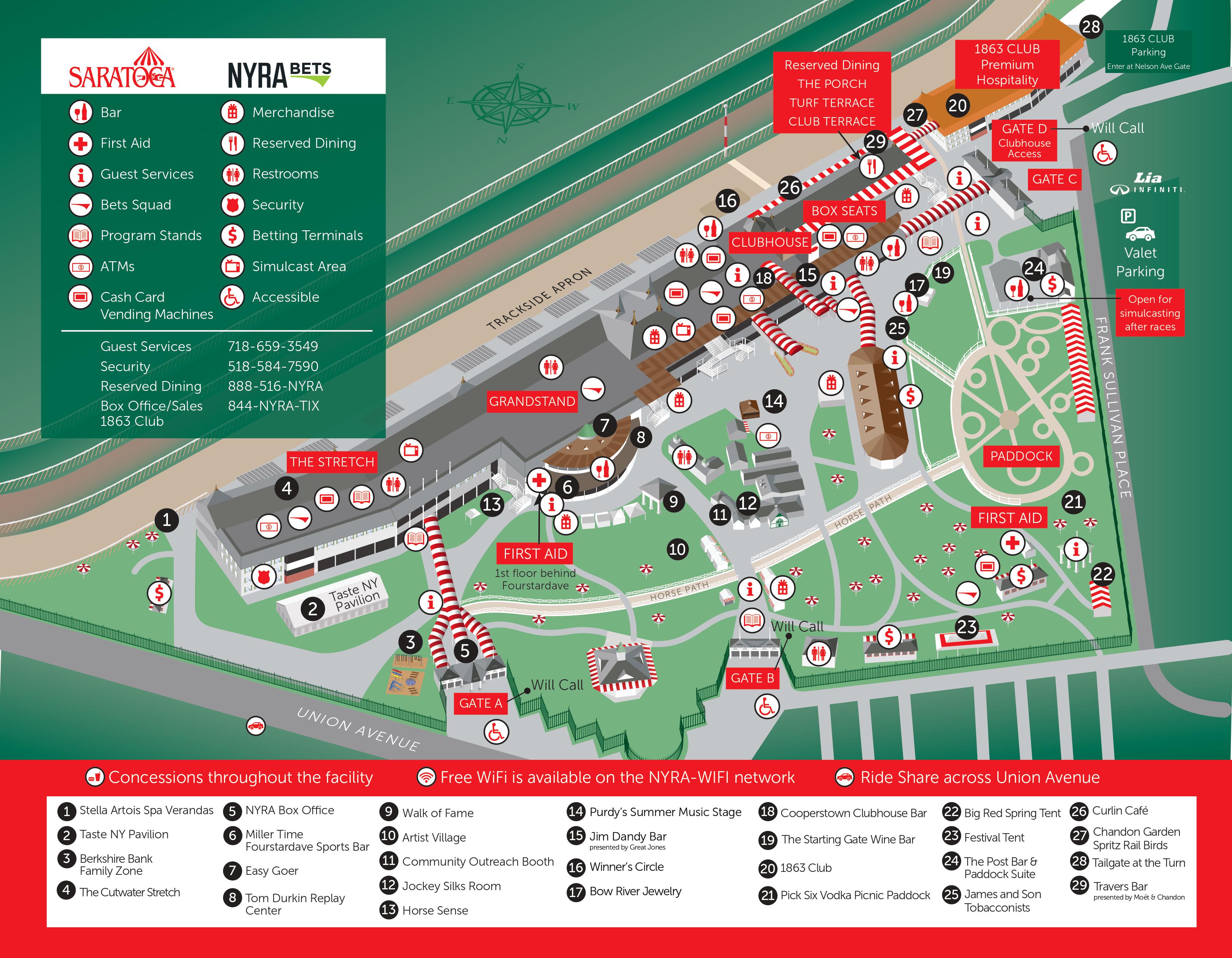 A facility map and diagram of the Saratoga Race Course in Saratoga Springs, New York.