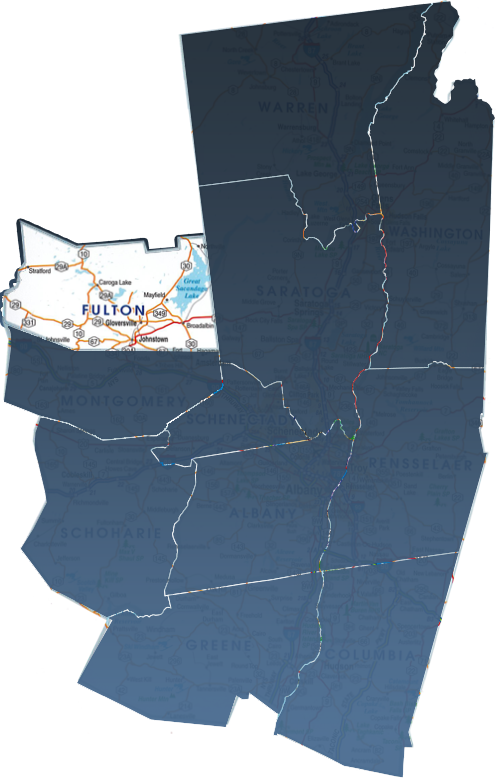 A map of Fulton County, NY, isolated within the Capital Region real estate market.