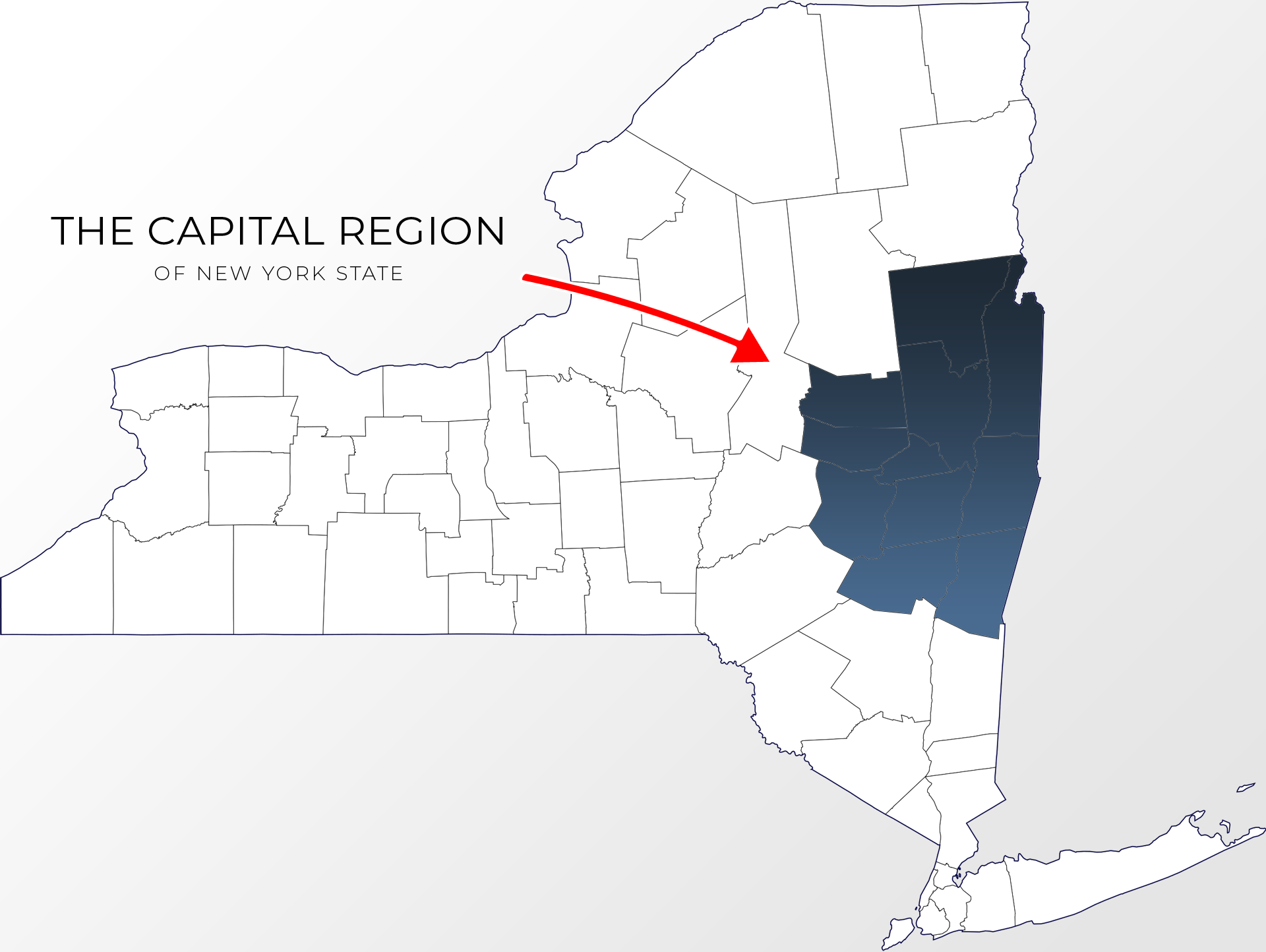 A county map of New York State that outlines the Capital Region real estate market, which is the group of 11 counties surrounding the state capital in Albany.