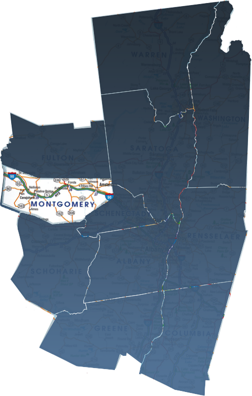 A map of Montgomery County, NY, isolated within the Capital Region real estate market.
