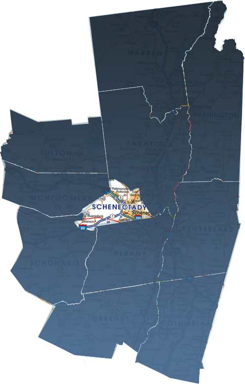 A map of Schenectady County, NY, isolated within the Capital Region real estate market.