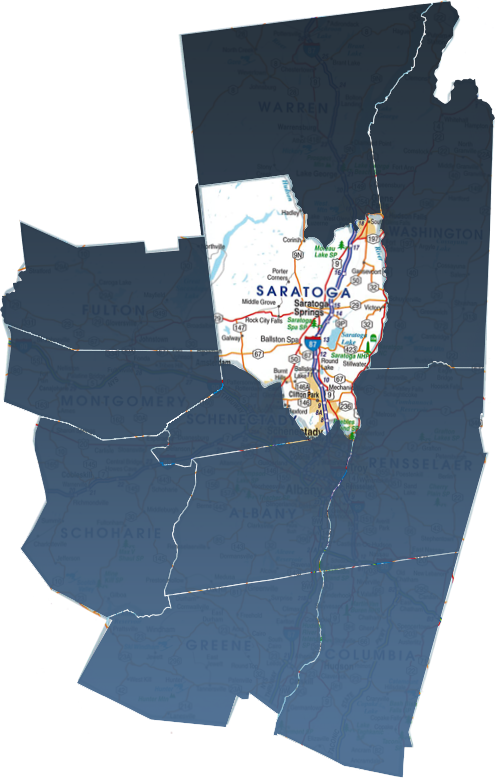 A map of Saratoga County, NY, isolated within the Capital Region real estate market.