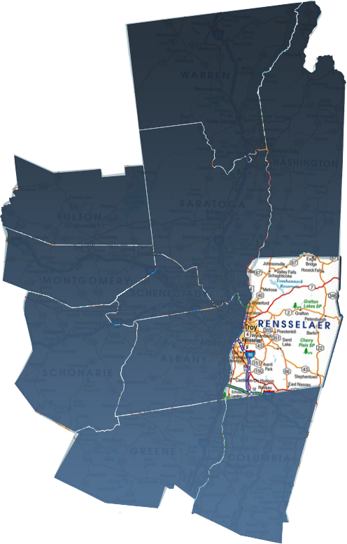 A map of Rensselaer County, NY, isolated within the Capital Region real estate market.