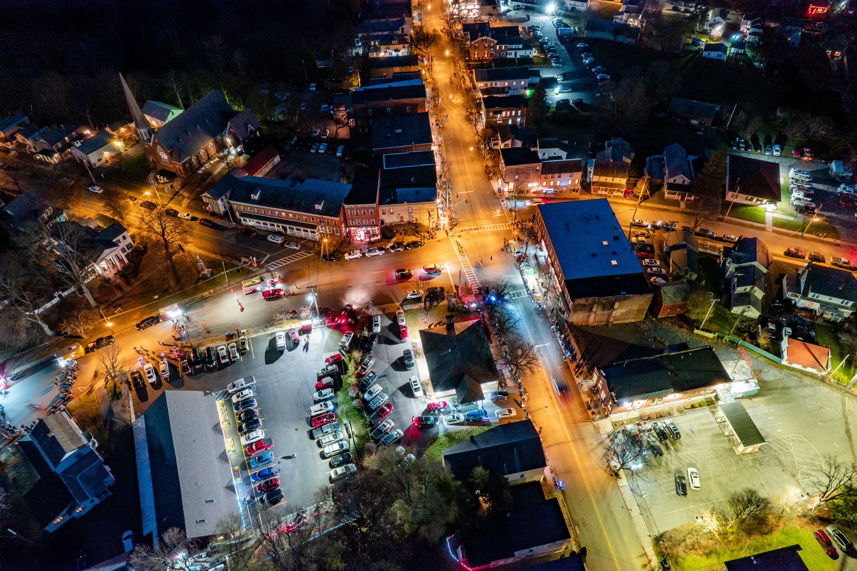 An aerial photograph of Greenwich, NY downtown taken at night by ©JustusWaldron
