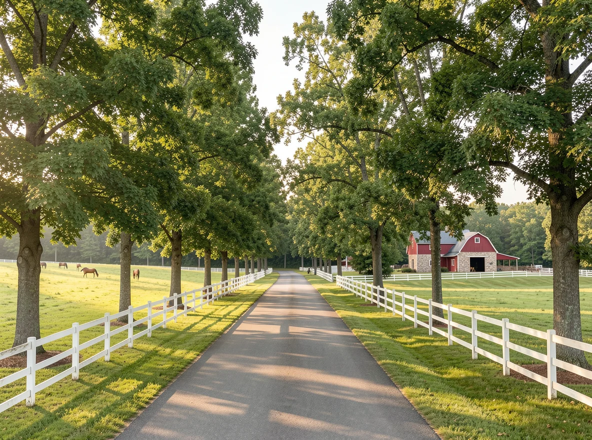 Tree-lined road and open landscape in Eads