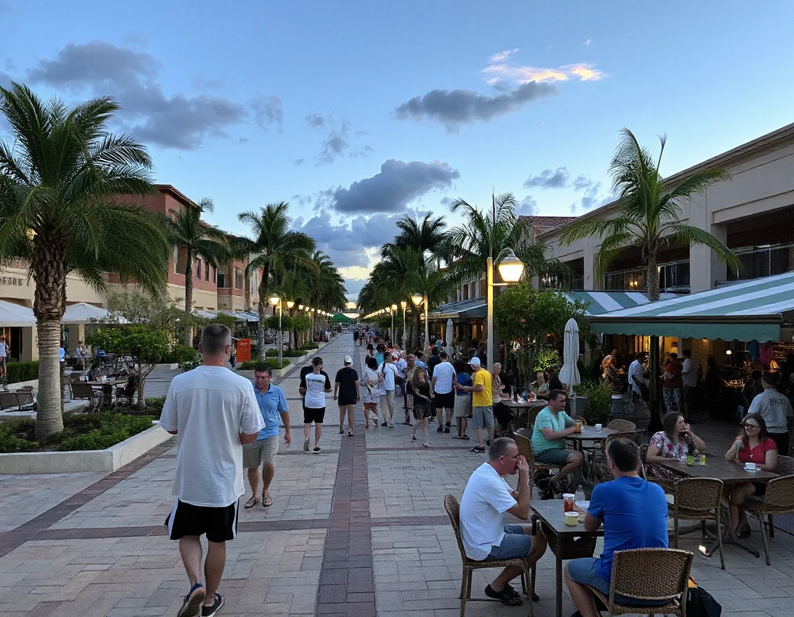 Outdoor gathering plaza in Pembroke Pines at dusk