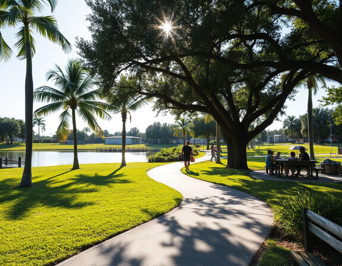 Walking path and lake at a leafy Pembroke Pines park