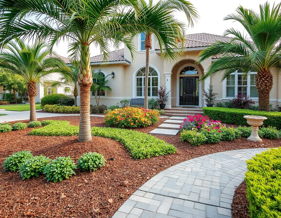 Subtropical front garden and paver walkway at a Deerfield Beach home